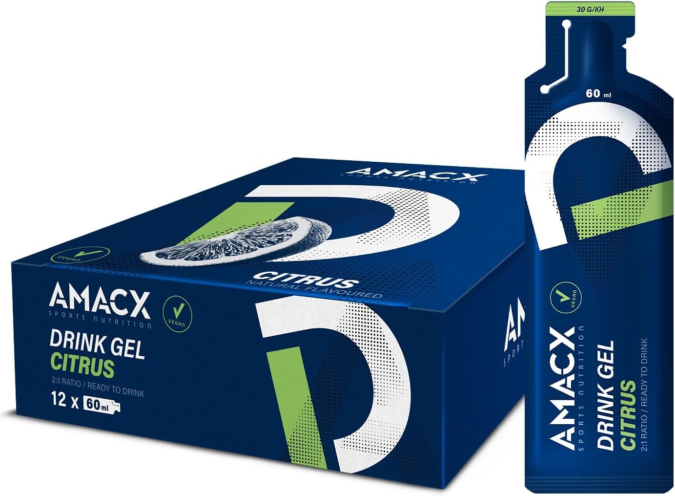 Amacx Energy Gel with Electrolytes for Intensive Training – 12 x 60ml – Vegan Carb Gel, Gluten Free Sports Nutrition – Running Gels for Marathon, Cycling & Endurance Training (Citrus)