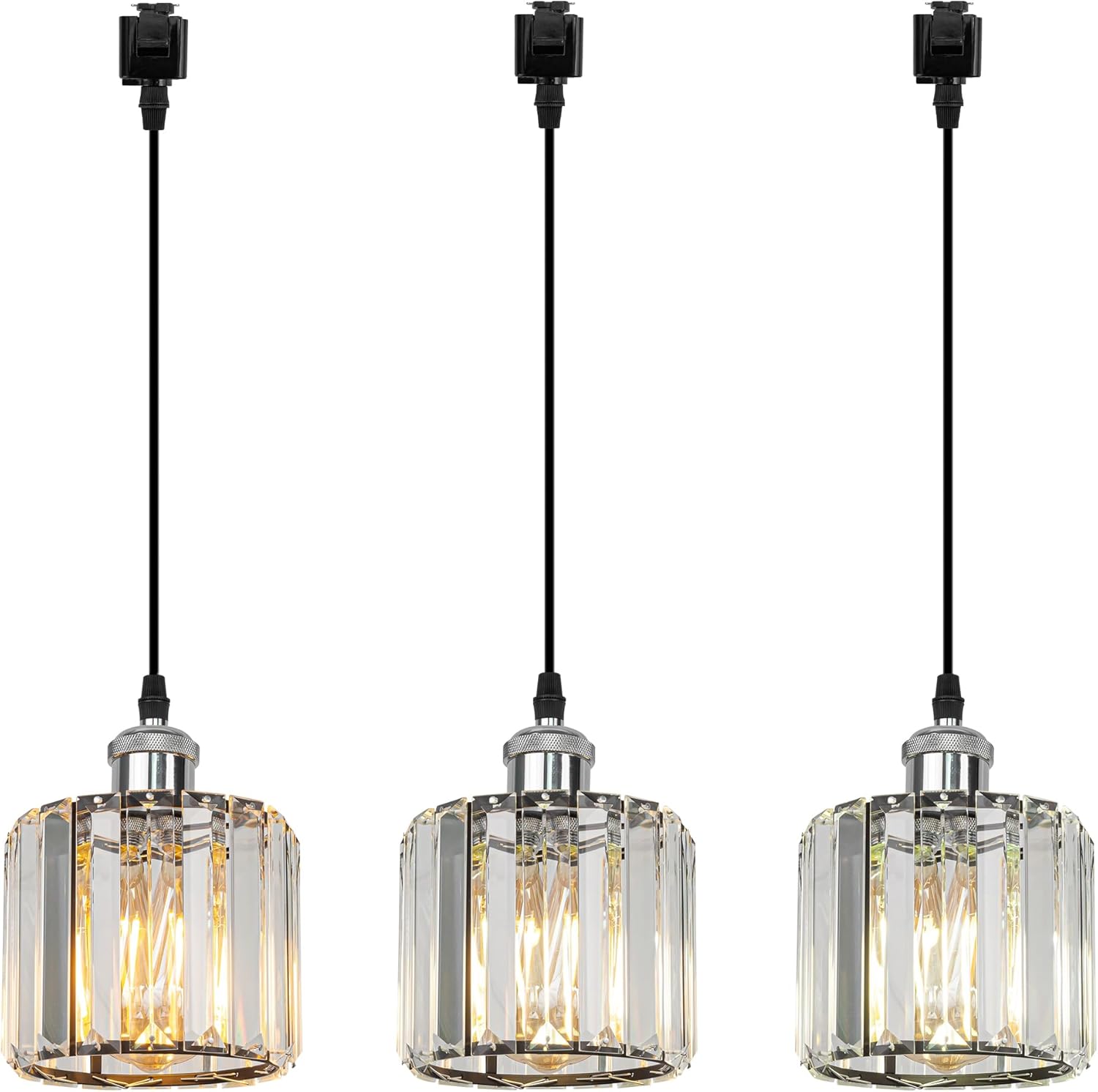 Kiven J-Type Track Lighting Pendants, 3-Light J Track Pendant Lights with Crystal Lampshade, J Track Light Pedant for Kitchen Island Home Cafe, Cord Length Customization,Chrome Finish Socket