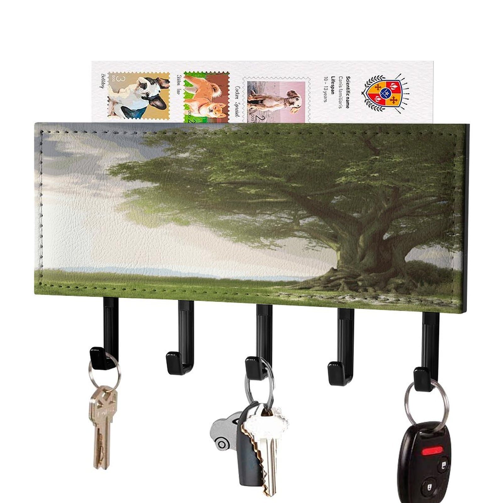 LDGSUPH Tree with Branch Scenery Key Holder Wall Mount Key Hanger with 5 Hooks Fashion Key Organizer Rack Hanging Key Hooks with Mail Organizer Key Rack for Home Entryway Hallway Black-Style