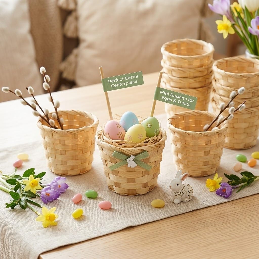20pcs Easter Small Basket, Mini Woven Bamboo Basket, Desktop Small Flower Pot Wicker Basket Pencil Holder for Home Office Table Storage Party Favors Crafts Decor, 3.54 x 2.95 inch