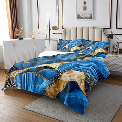Miniatura 7 de Erosebridal Juego de edredón de mármol amarillo, tamaño King, juego de colcha dorada para hombres, juego de colcha abstracta de mármol metálico con