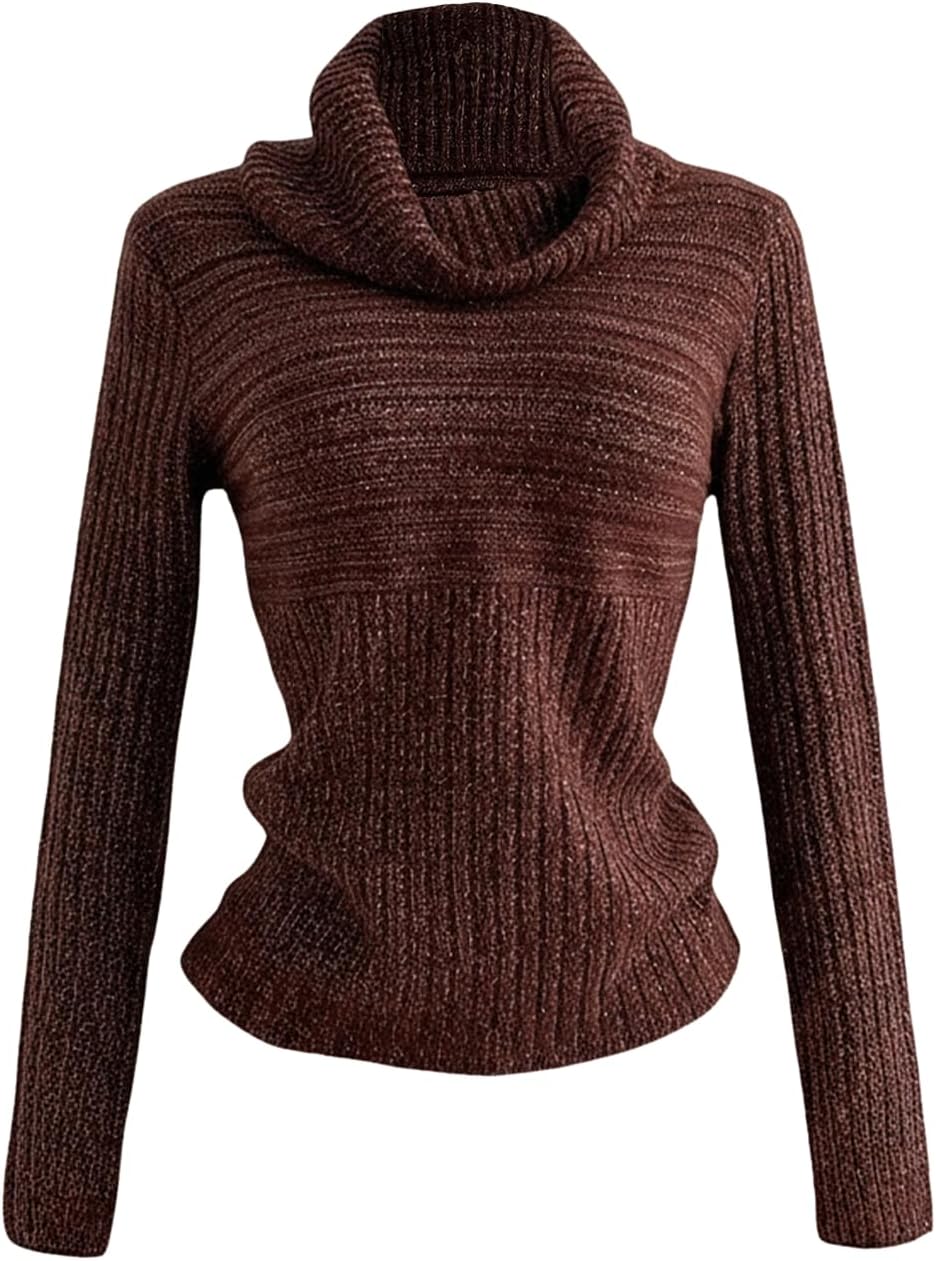 Women's Turtleneck Ribbed Knit Sweater Long Sleeve Slim Fit Vintage Jumper Fall Tops