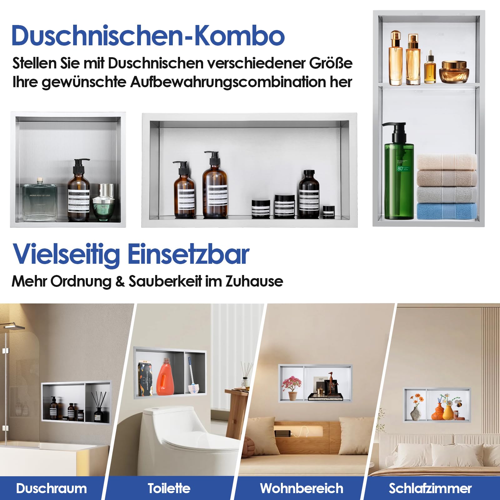 ROVOGO 60x30x10 cm Zweistufige Wandnische Dusche mit 2:1-Abteilverhältnis, Eingebettete Doppel-Duschnische Lagerung für Bad, Edelstahl 304 Einbaunische Übermontage, Einbauregal & Wandregal, Gebürstet