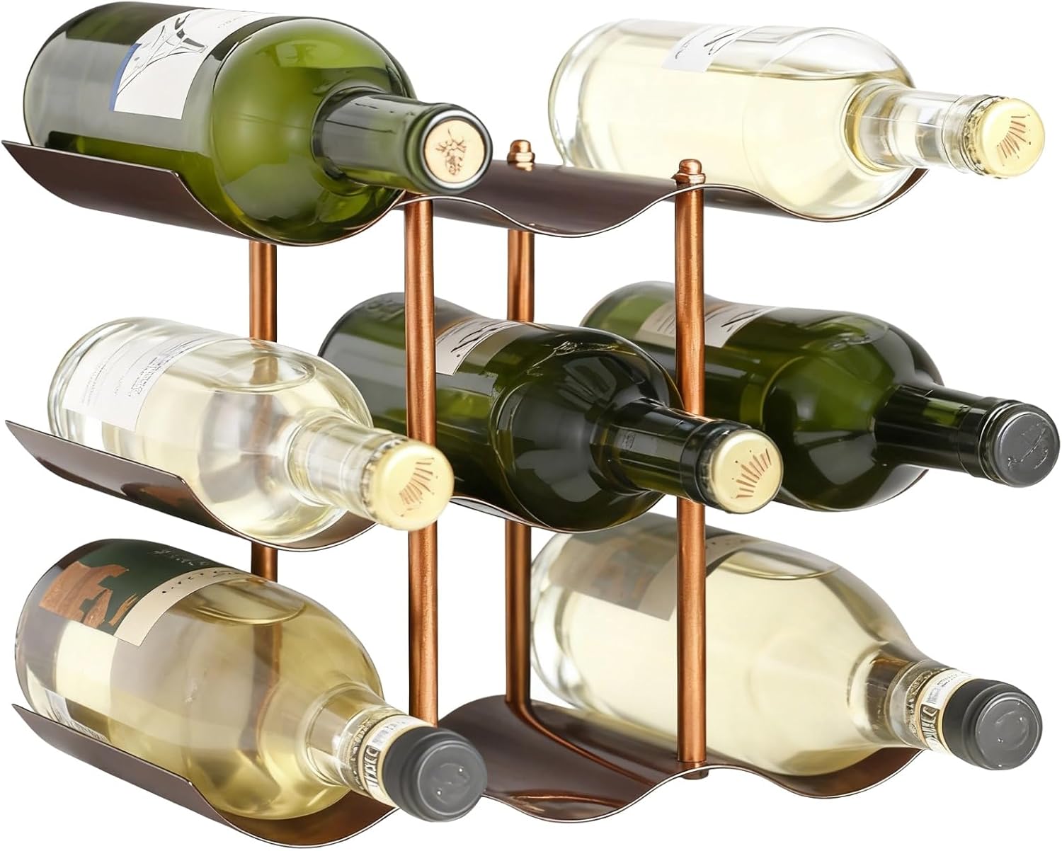 Countertop Wine Rack, 9 Bottle Storage Holder, 3-Tier Wavy Iron Display Stand, Vintage Metal Organizer for Kitchen Bar Home Decor