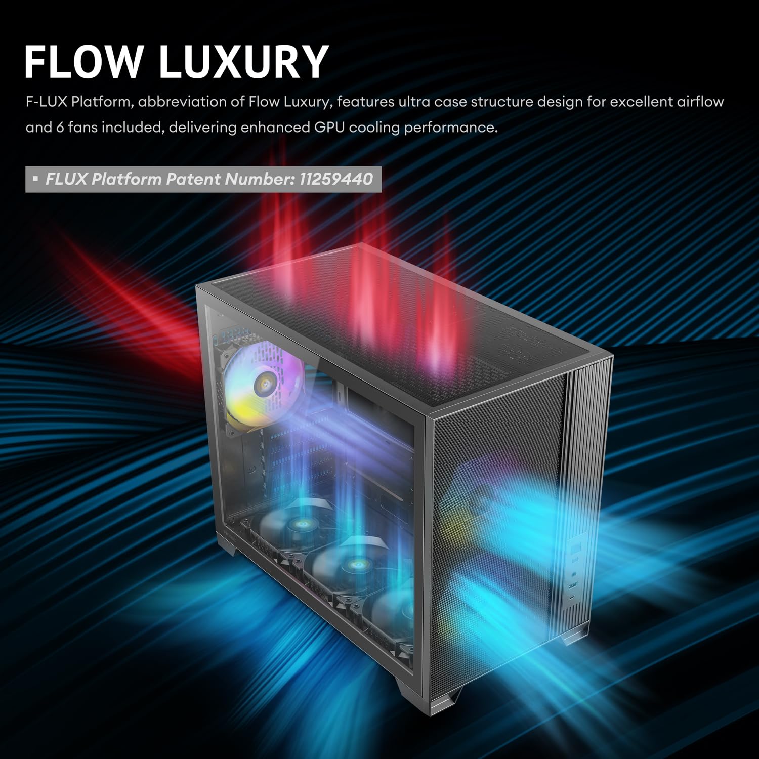 Antec Flux M, 6 wentylatorów PWM w zestawie, platforma F-LUX, pionowy przepływ powietrza, górne wsparcie grzejnika 360 mm, typ C 3.2 Gen 2, filtr przeciwpyłowy w pełnym rozmiarze, kompaktowy
