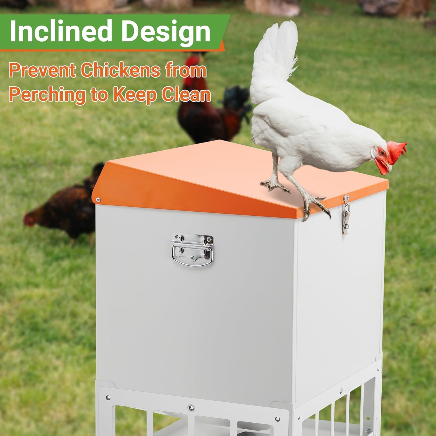 Chicken Feeder with Grille, 50LBS No Waste Chicken Feeder with 18 Ports, Powder-Coated Steel Feeder w/Waterproof Lid and Stainless Handles, 16”L x 12.5”W x 24.5”H