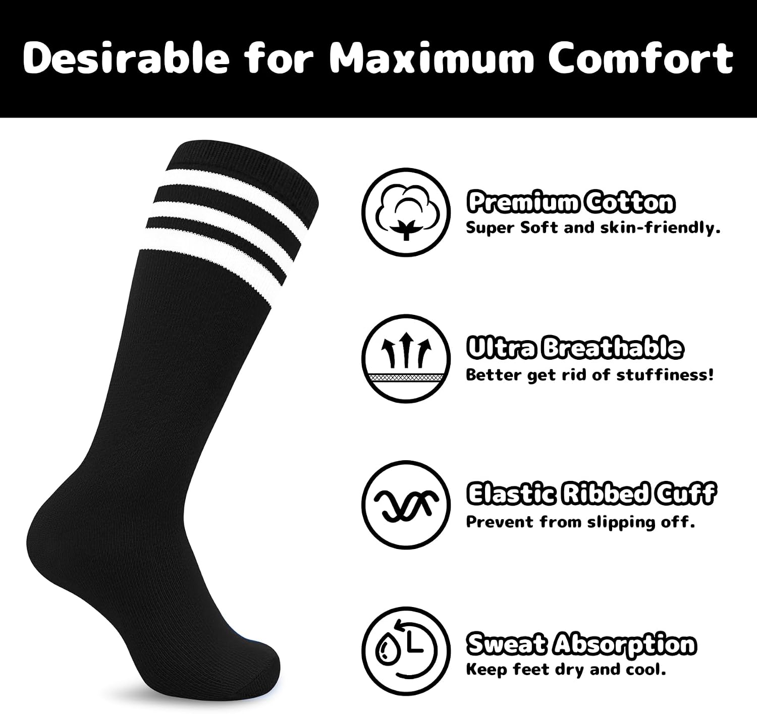 Olreco 5 Pack Toddler Kids Soccer Socks Youth Baseball Socks Youth Boys Girls Knee High Softball Football Accessories Cotton