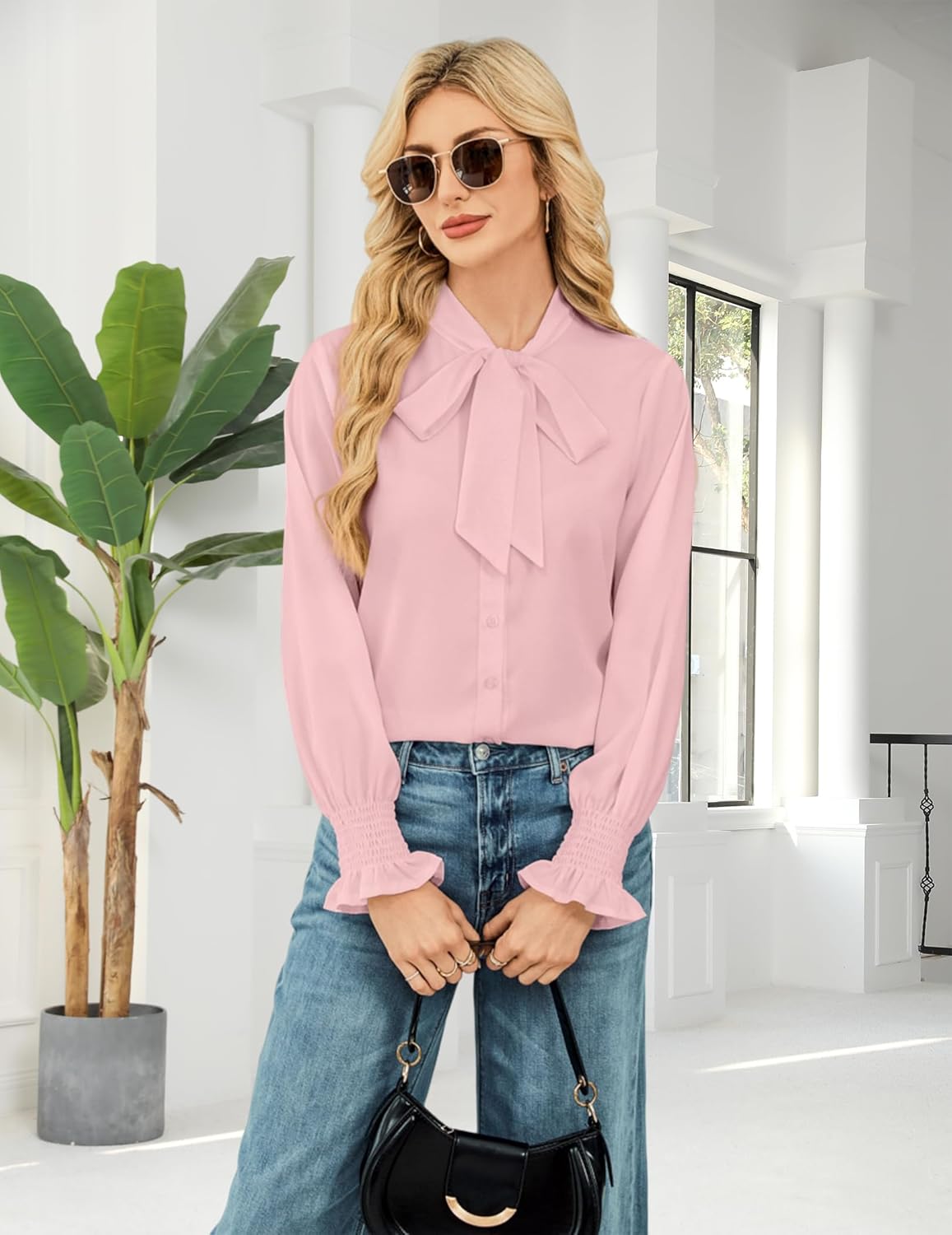 Neweek Chiffon Blouses for Women Bow Tie Neck Long Sleeve Dressy Casual Smocked Cuffed Shirts Office Work Blouse Elegant Tops - Image 2