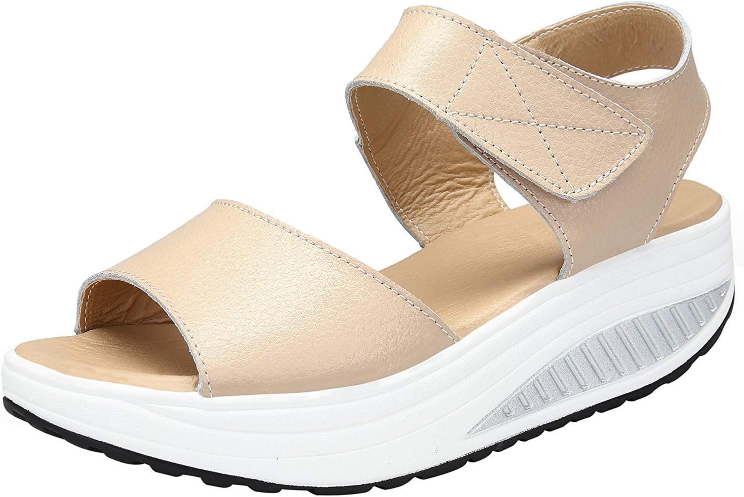 Women's Shape Shoes Platform Heeled Leather Comfort Peep Toe Walking Wedges Sandals,LX328-beige-8.5