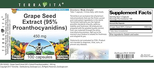 Miniatura 3 de TerraVita Extracto de semilla de uva (95% de proantocianidinas) - 450 mg (100 cápsulas, ZIN 520452) - Paquete de 2