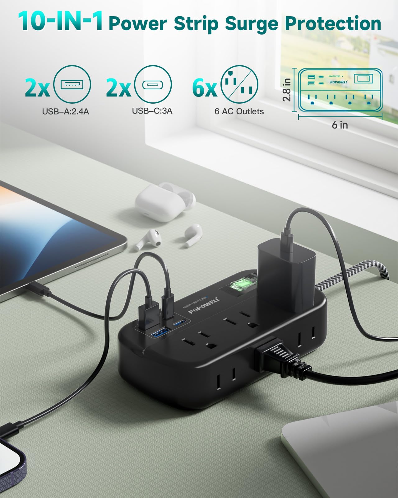 25 FT Flat Extension Cord, Power Strip with Surge Protection- 6 Widely Outlets 4 USB Ports, Flat Plug, Wall Mount Outlet Extender, 1080J Multiple Outlets for Indoor Home Office, Dorm Room Essentials