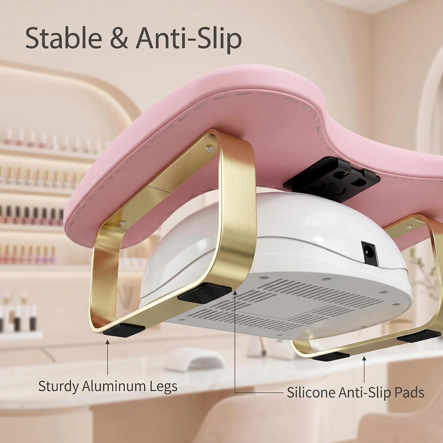 Arm Rest for Nails Tech with Rotating Phone Holder, Pink Nail Arm Rest, U-Shaped Manicure Hand Rests, Nail Armrest Stand for Nail Tech with Gold Holder