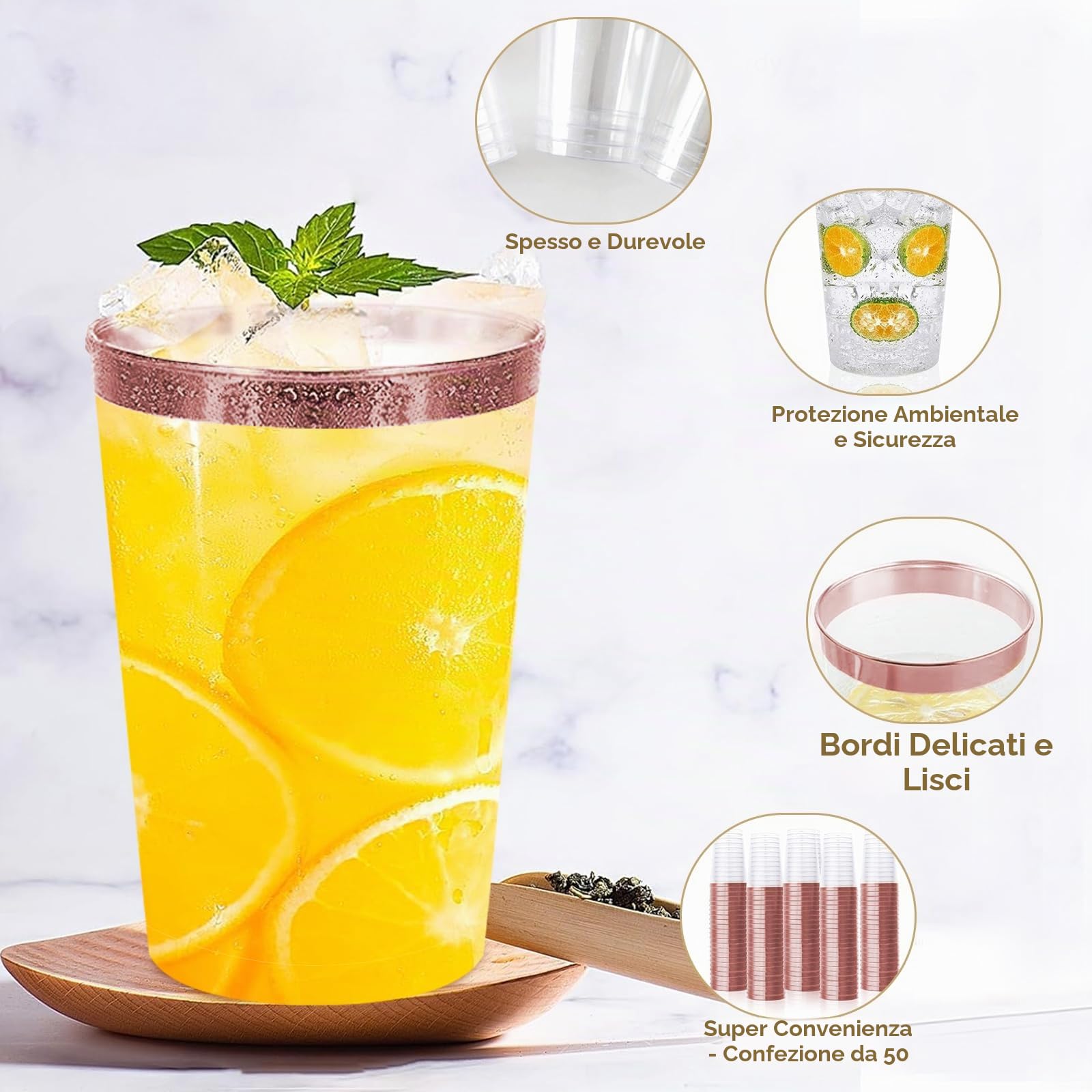 Auauraintt 50 Bicchieri Di Plastica Con Rivestimento lucido metallizzato, 280 ml, In PS, Riutilizzabili, Eleganti Bicchieri Da Vino Per Champagne e Birra, Cocktail, Martini, Soda Dessert (Oro rosa)