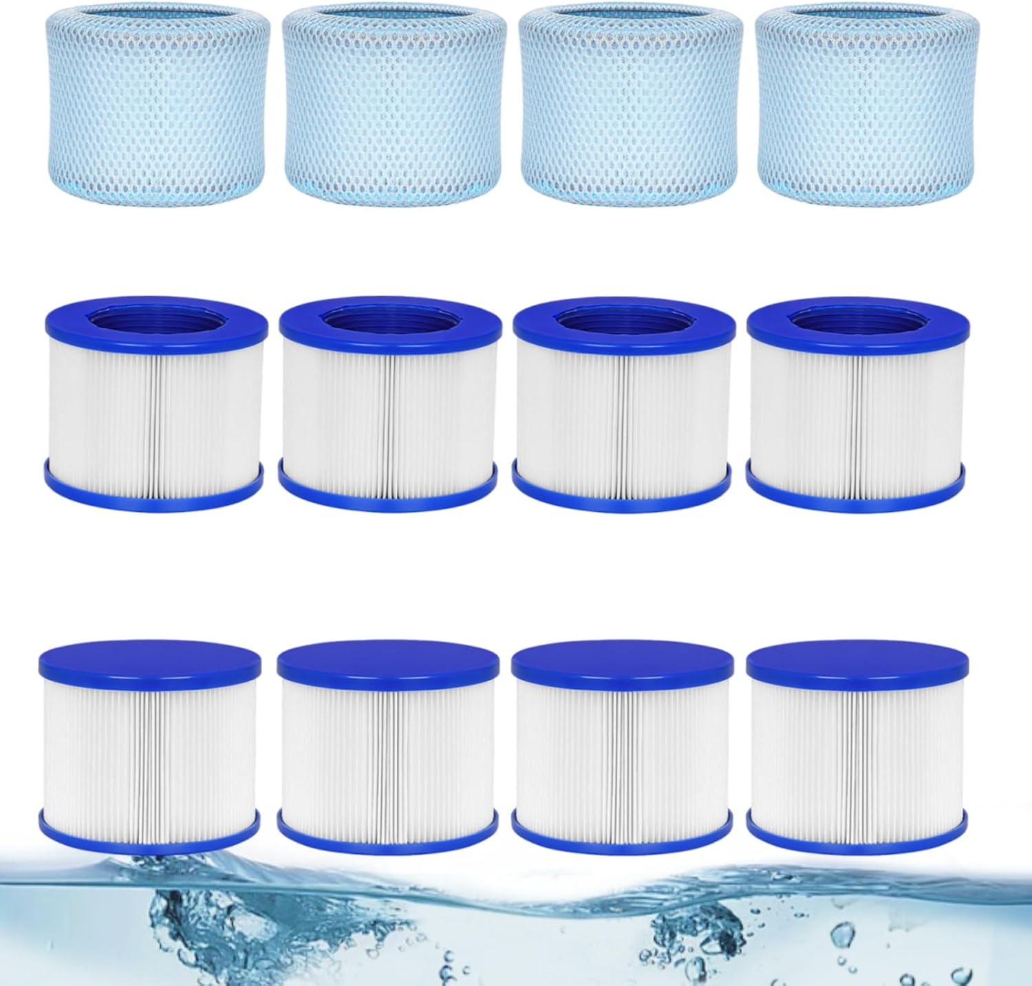 Hot Tub Filter Cartridges with Protective Mesh Covers – Compatible with RELXTIME, ALEKO, Wejoy, Aquaspa Inflatable Spas – 3.9" x 3.1" Screw-in Replacement Filters & Filter Socks (8 filters + 4 bags)