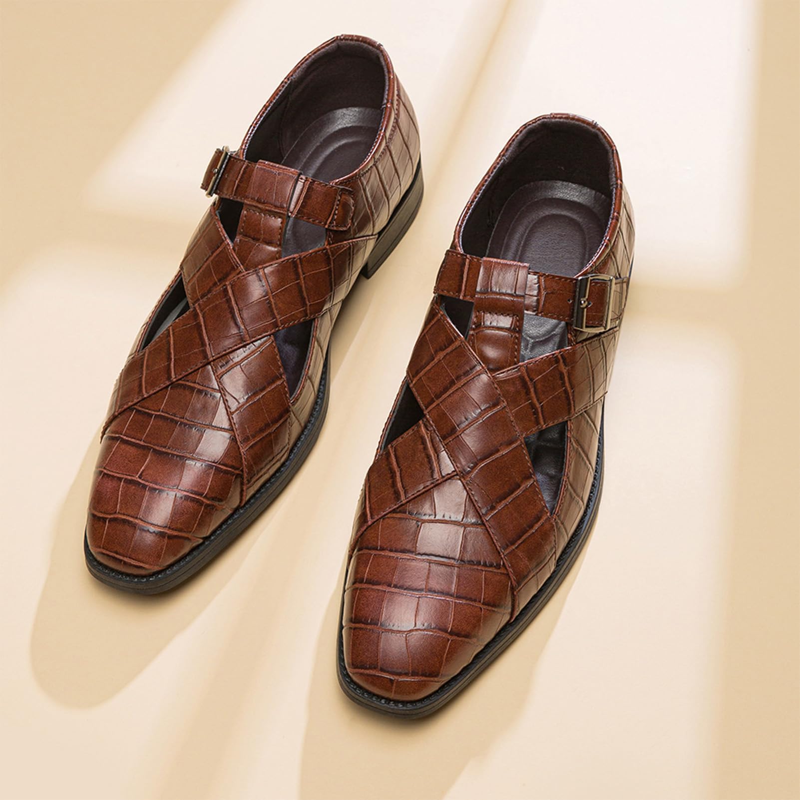 ANUFER Hommes Creusé Cuir Sandales Boucle Réglable Été Chaussures Habillées