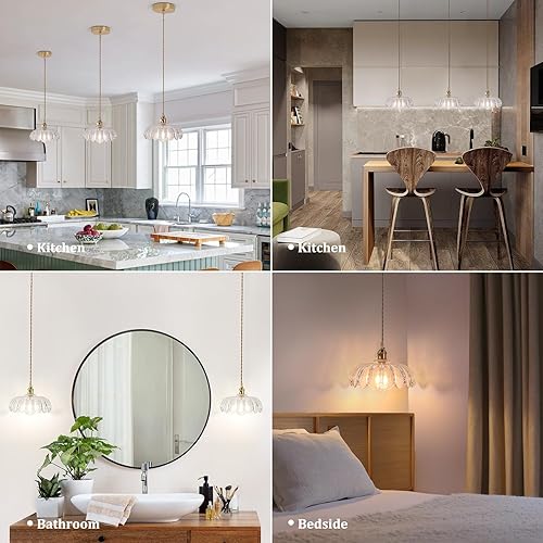 Miniatura 250 de Lámpara colgante con pantalla de cristal ámbar Scindapsus de cristal, lámpara colgante vintage de latón, luz colgante ajustable para cocina, isla