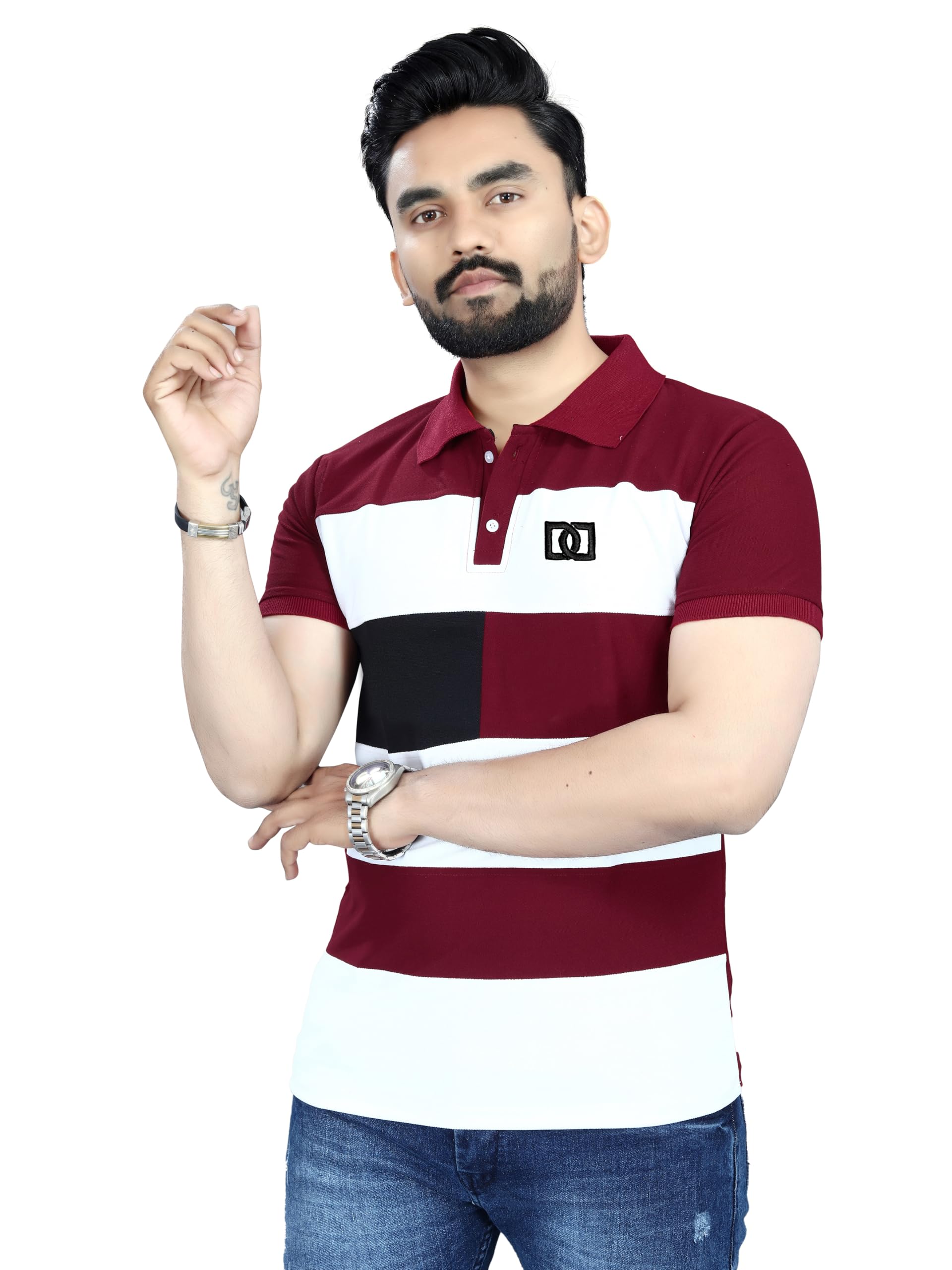 dyrectdeals Men's Cotton Blend Block Design Polo T-Shirts Regular Fit Classic Collar Polo T-Shirt-picture-34