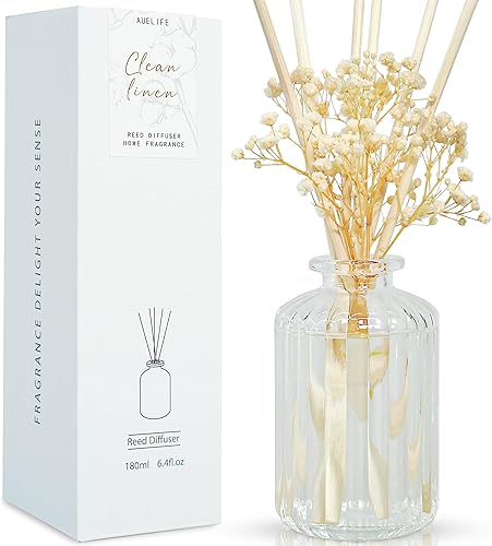 Auelife Juego de difusor de varillas de 6.4 onzas, difusor perfumado de lino limpio con varillas preservadas, difusor de varillas de aceite esencial