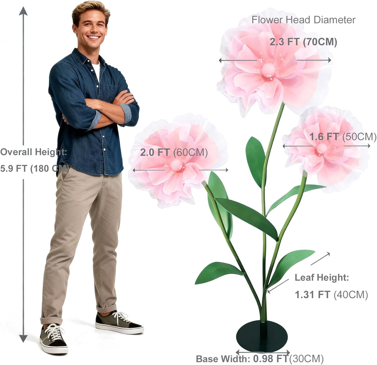 5.9 FT Giant Flowers Decoration with Stand, Large Soft Pink Standing Flowers, 3-Pack Artificial Floral Decor for Indoor Home, Living Room, Party, Event, Photo Backdrop & Home Decoration
