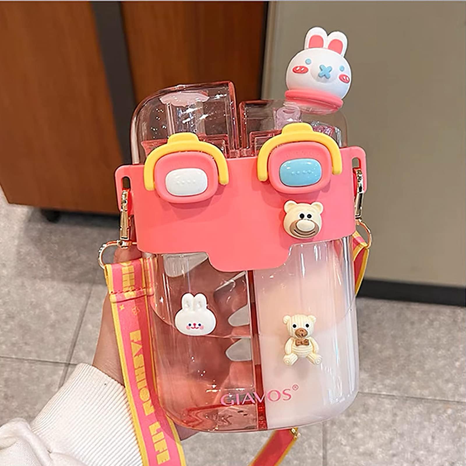 TIAASTAP Cute Water Bottle with Straw - Kawaii Kids Water Bottle with Strap Portable Plastic Drinking Bottle Aesthetic Water Bottle Girls Boys with Stickers for School Travel Sports Outdoor (Pink)