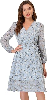 Allegra K Women's Chiffon Floral Sexy Deep V Neck Tie Waist Bishop Sleeve Casual Wrap Midi Dress