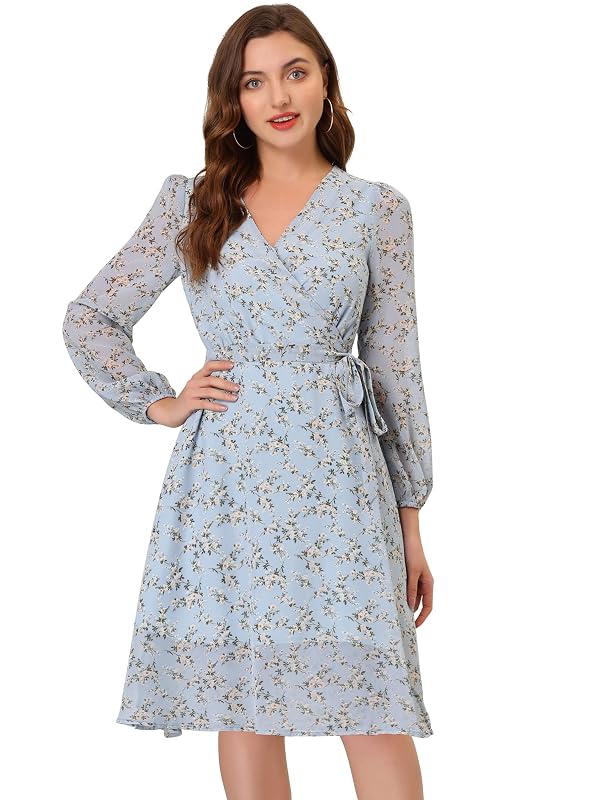 Allegra K Women's Chiffon Floral Sexy Deep V Neck Tie Waist Bishop Sleeve Casual Wrap Midi Dress Small Light Blue by Allegra K - Used condition - US$20.94
