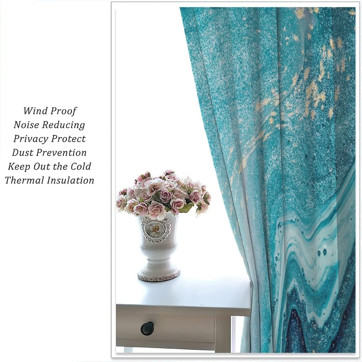 Marble Blackout Windows Curtains, Abstract Marine Art Natural Luxury Marble Swirls Very Beautiful Blue Paint Plus Gold Dust Curtains, for Living Room Bedroom 42x45in 2 Panels