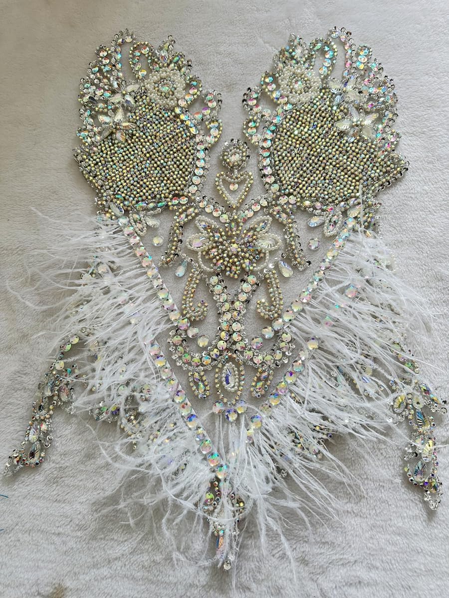 Pure Handmade Bodice lace Rhinestones Applique Sewing Stones Beads Crystal Trimming Patches Accessories for Wedding Dress Ostrich Feather Decorations 13.7X22inches 1pcs/Bag (Clear AB)