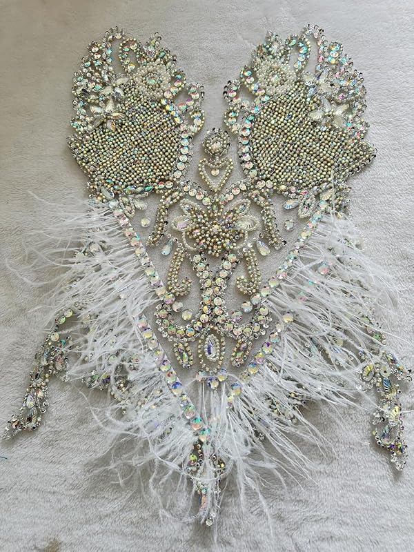 ESOSZNUA Pure Handmade Bodice lace Rhinestones Applique Sewing Stones Beads Crystal Trimming Patches Accessories for Wedding Dress Ostrich Feather Decorations 13.7X22inches 1pcs/Bag (Clear AB) by ESOSZNUA - Image 5
