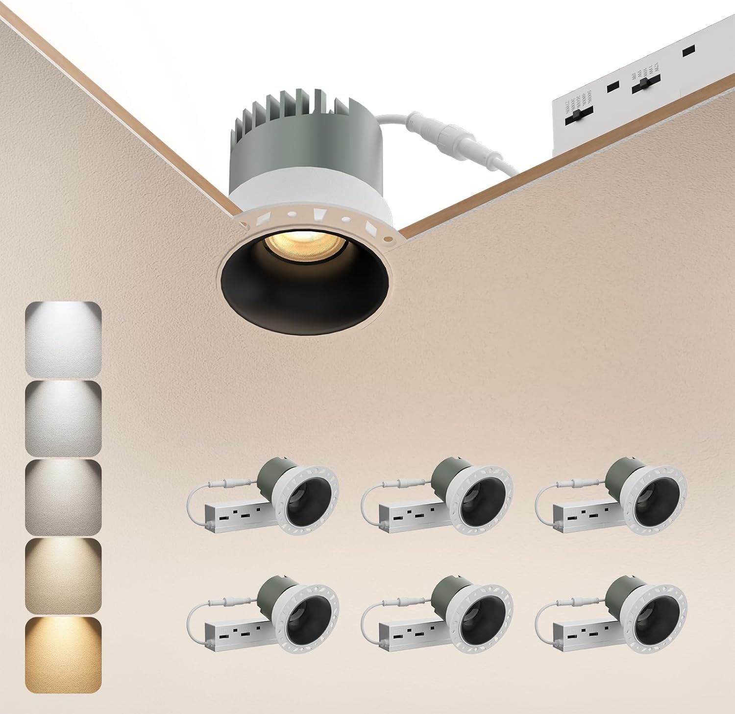 6 Pack LED Round Recessed Lighting, 10W Adjustable Canless Downlight, Aluminum Recessed Ceiling Light with junction Box, 5 CCT 2700K-6000K, Rotation Spotlight for Living Room Bedroom Hallway Kitchen