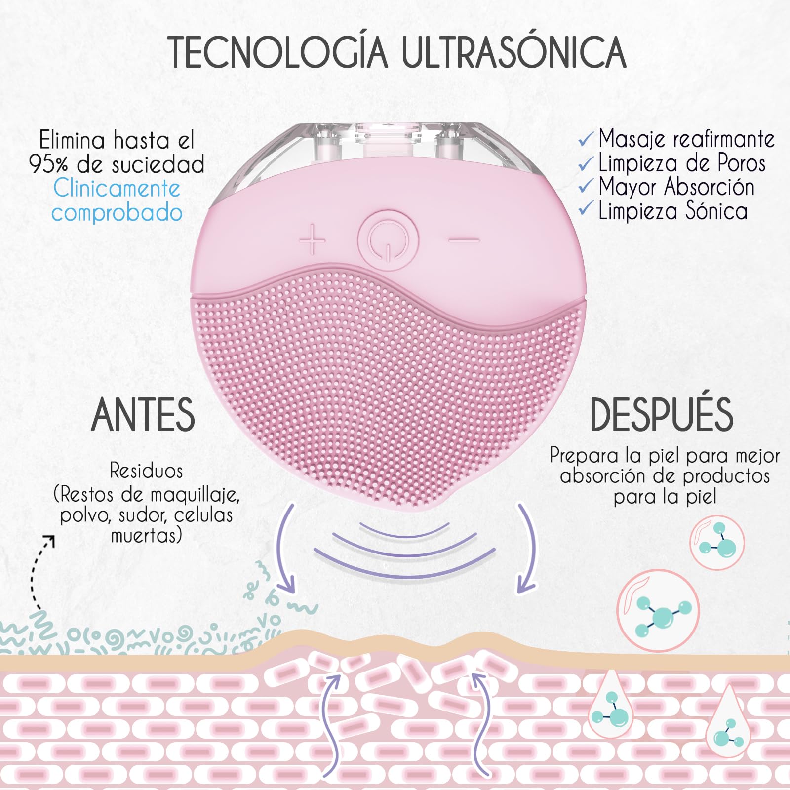 Attitude Cepillo facial limpiador eléctrico recargable de silicona resistente al agua IPX6