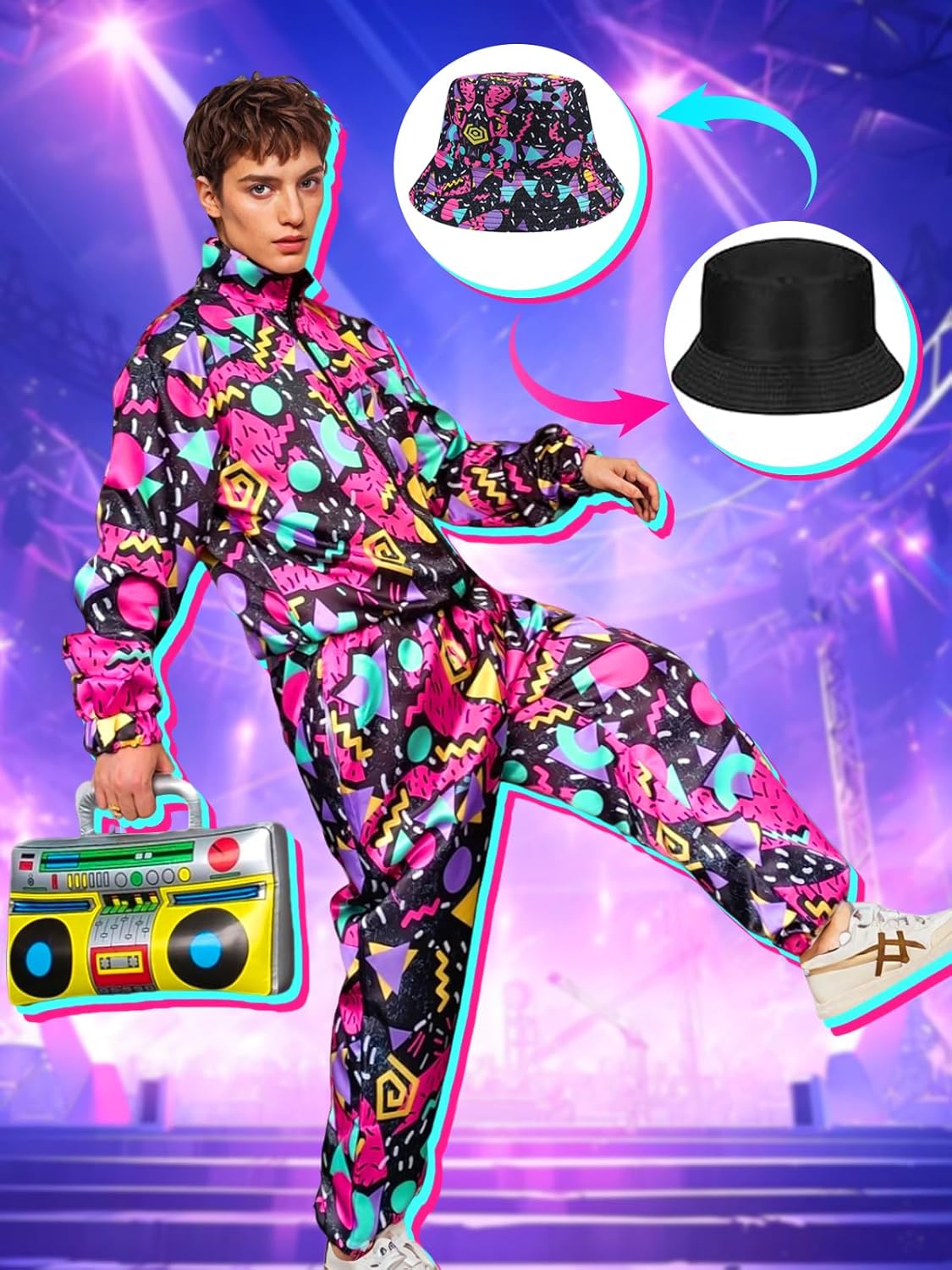 Verceco 80s Outfit for Men Neon Baggy Tracksuit Set 90s Vintage Couples Costumes for Adults Women Retro Hip Hop Windbreaker - Image 6