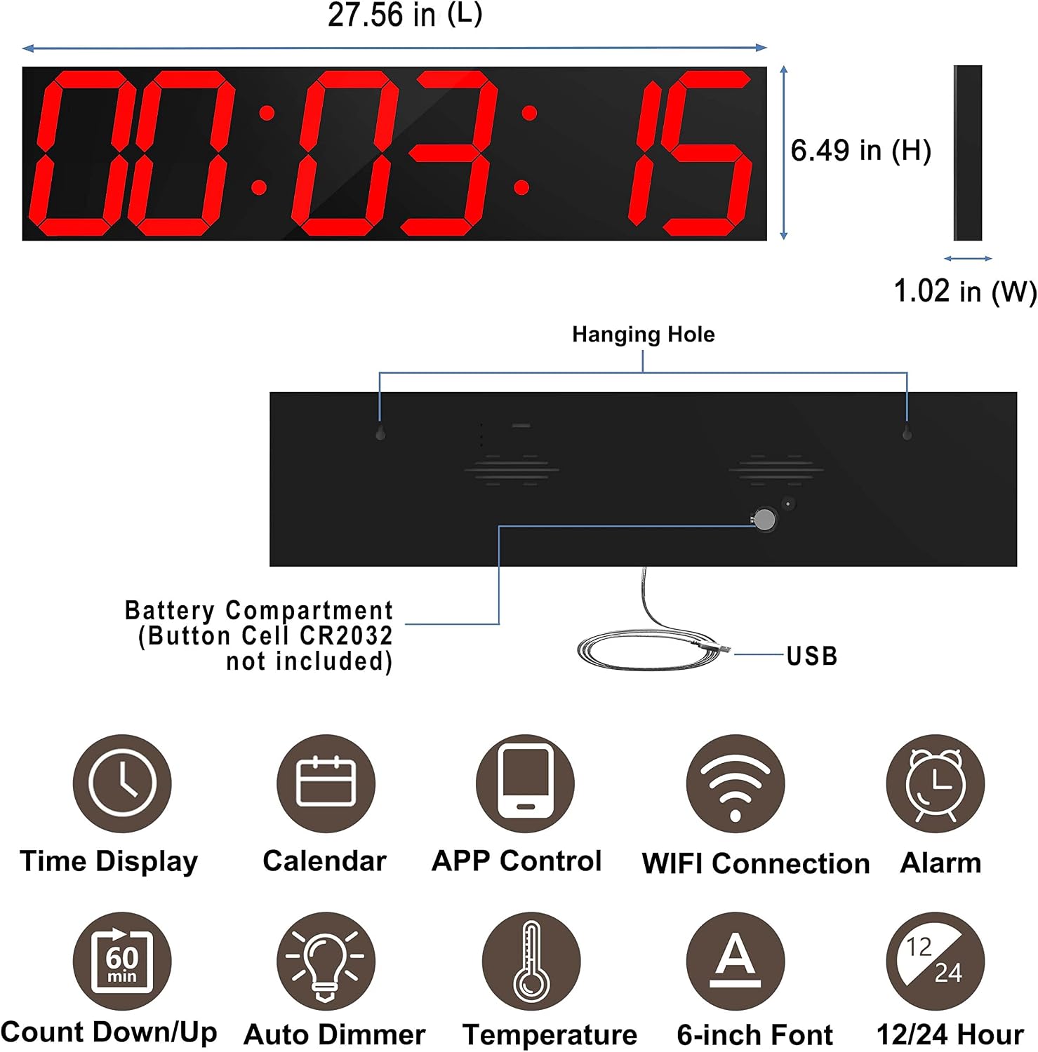 Diagram showing dimensions of the 27.56 inch long and 6.49 inch high clock, with icons for Time Display, Calendar, APP Control, WIFI Connection, Alarm, Count Down/Up, Auto Dimmer, Temperature, 6-inch Font, and 12/24 Hour format.