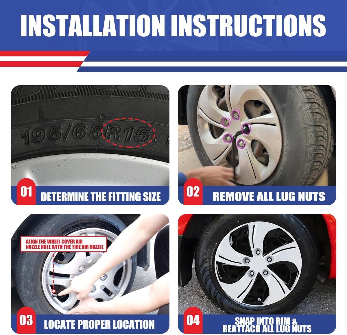 CPW 15 inch Steel Wheel 4Pcs Hubcaps Fits for 2013-2015 Honda Civic Sedan&2013 Honda Civic Coupe PP Material Bolt-On Installation (White&Black Lacquer)