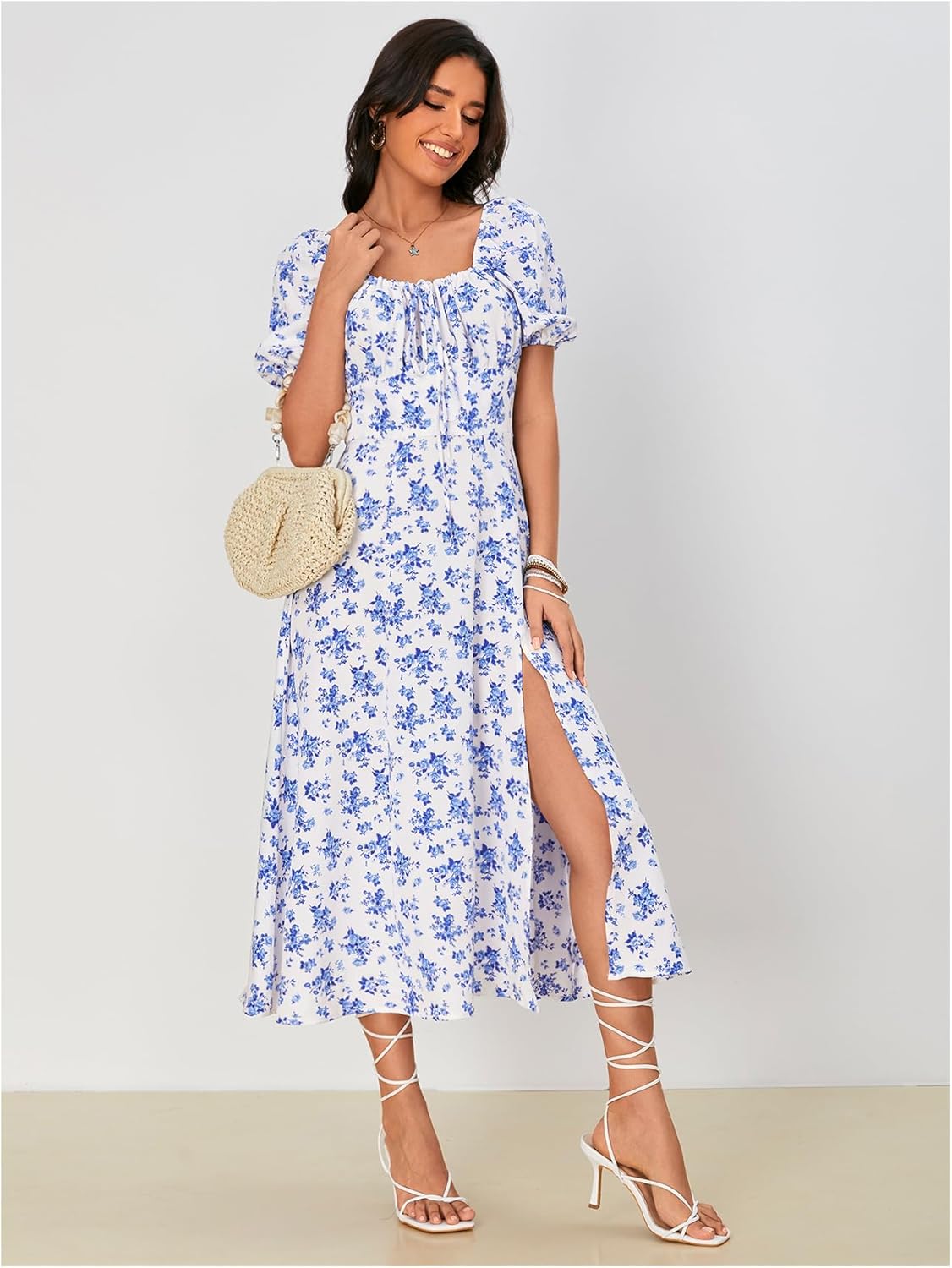 WDIRARA Women's Floral Print Tie Front Square Neck Short Sleeve Split Thigh Dress - Image 2