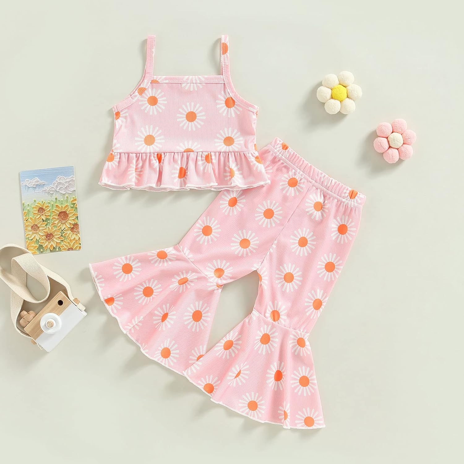 Miniatura 2 de Conjunto de 2 piezas de ropa para bebé niña, floral, sin mangas, pantalones acampanados, conjunto de 2 piezas de verano