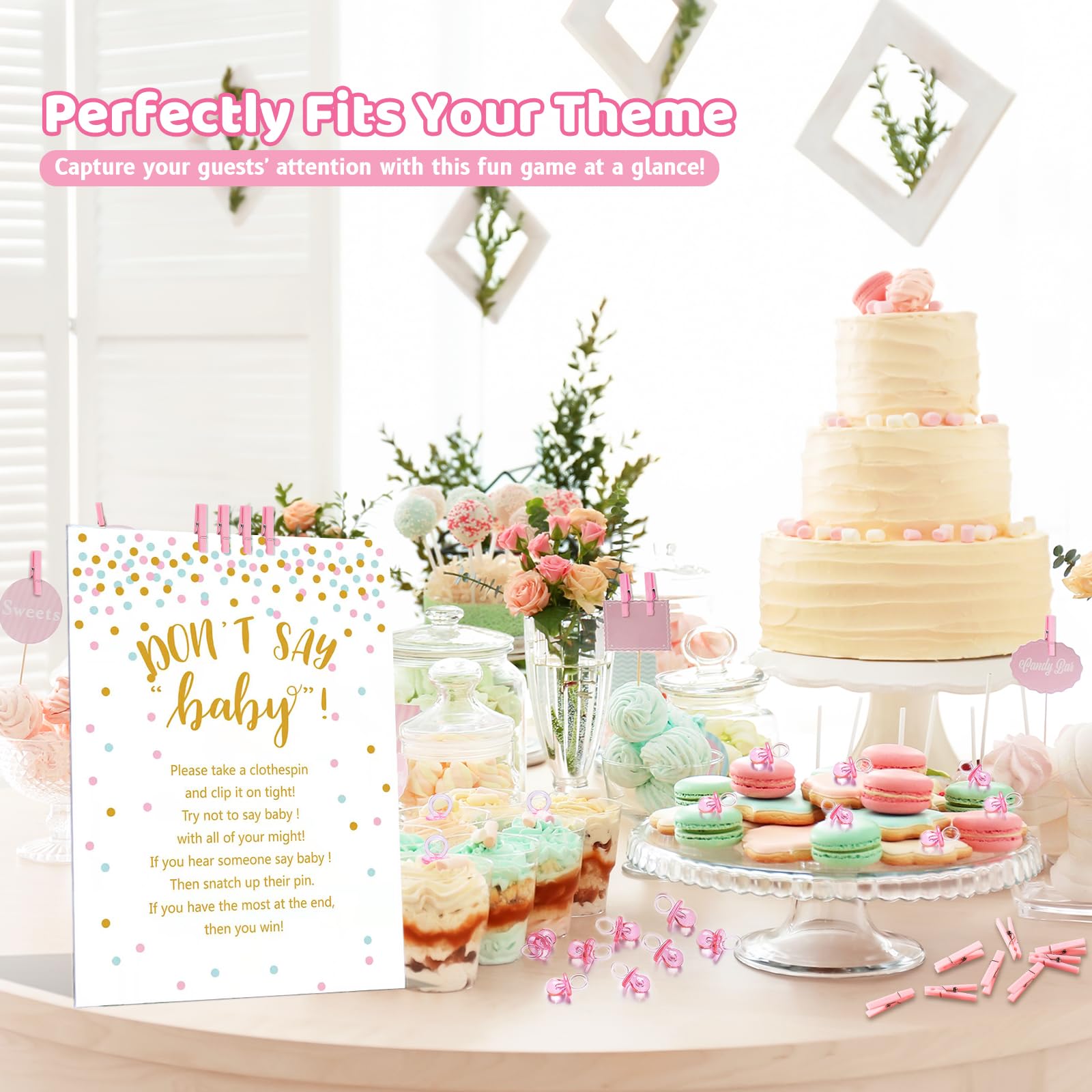 Baby Shower Clothespin gra zawiera jeden znak 'Don't Say Baby ' 8 × 11 i 60 mini różowych spinaczy do bielizny 60 mini smoczków dla niemowląt