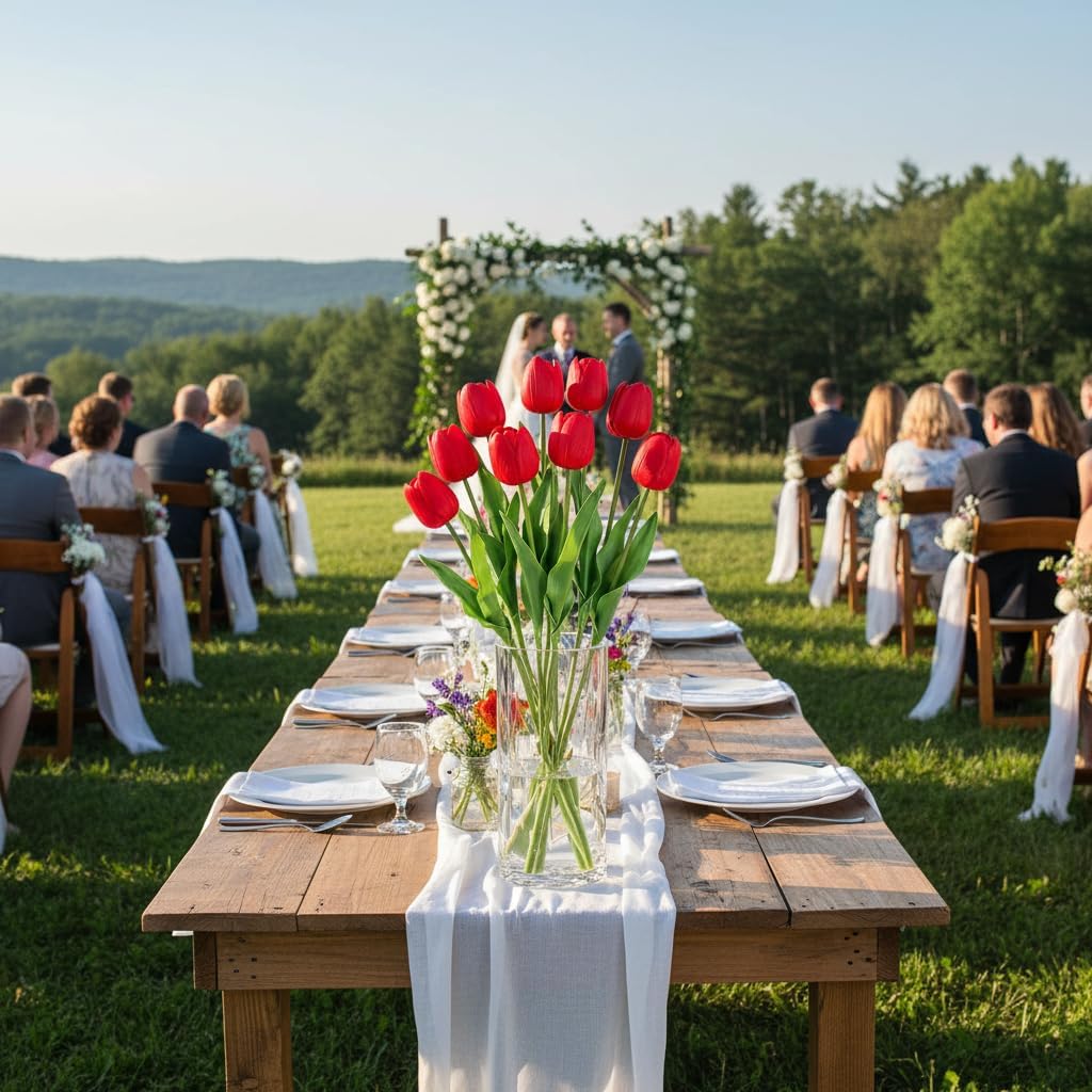 Floral Kingdom 20 Inch Real Touch Artificial Tulip Flowers 10 Stems Red Faux Tulips for Wedding Centerpieces, Spring Home Decor, Kitchen Island & Table Vase Arrangements