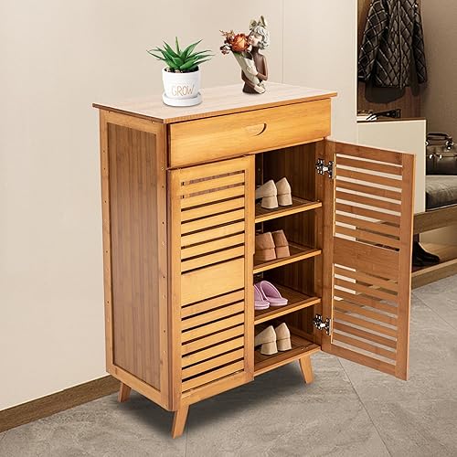 Zapatero de bambú natural con 1 cajón, zapatero de 2 puertas para tacones, botas, zapatillas, zapatero independiente, pasillo de entrada, armario de