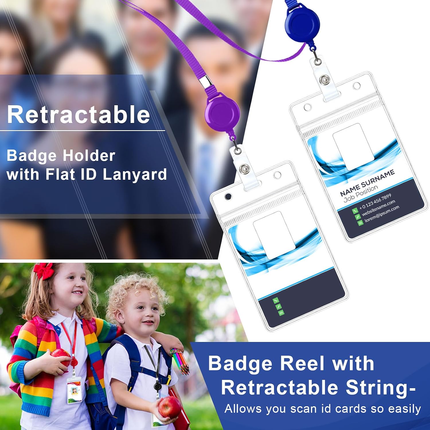 Marspark Lanyard with ID Holders Include Flat Lanyard with Retractable Badge Reel and Clear Vertical Card Name and Badge Holder for Offices ID Driver License (10 Colors-1,50 Set)