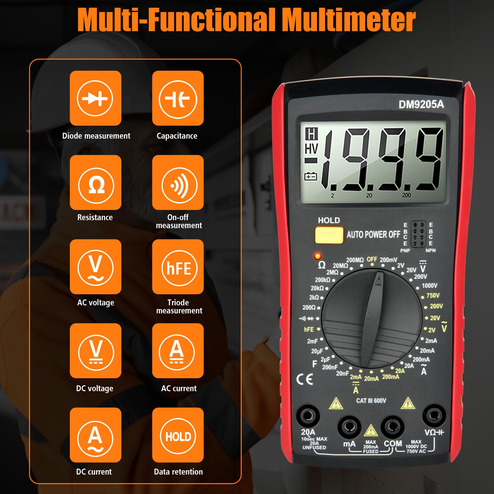 Vothen multimetro digitale, Tester multimetro Voltmetro Portatile Rilevatore, di tensione di corrente AC, Multimeter Elettrico Misura DC/AC Voltage, resistenza, Electrician Maintenance Detection Tool