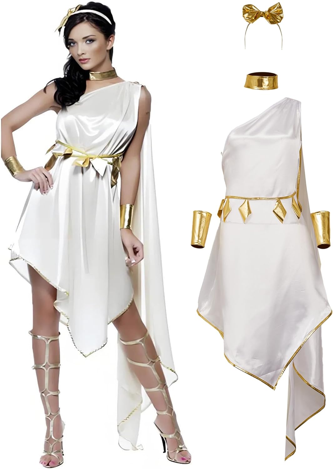 Toga Costume Woman Greek Goddess Cosplay Dress Accessories Women White Robe Gold Belt Headband Adult