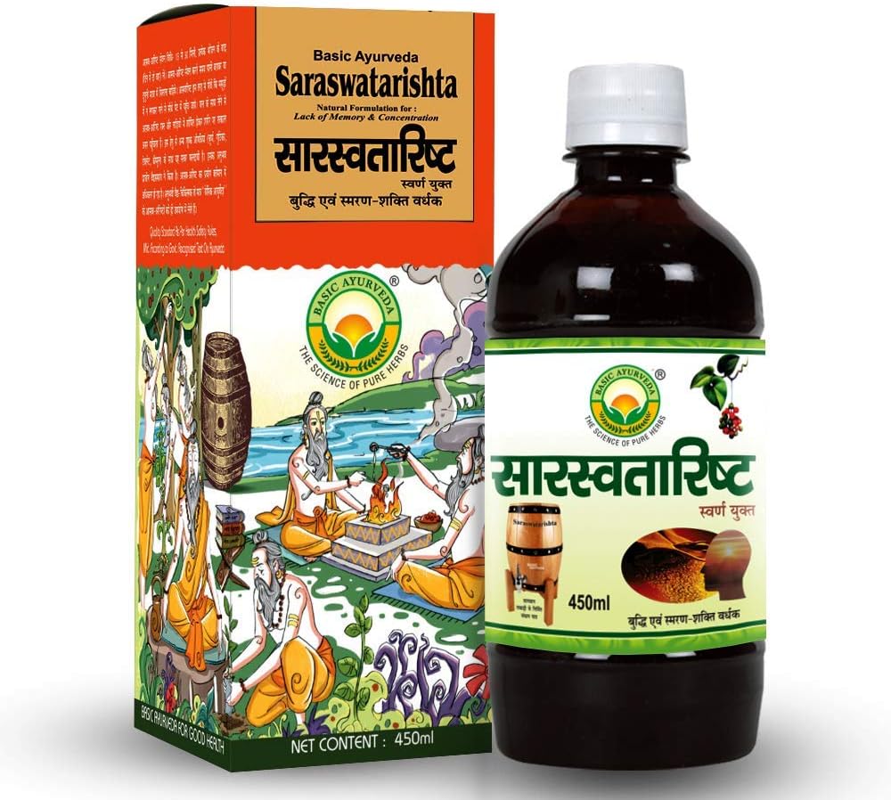 Saraswatarishta Syrup 450ml Natural Formulation with Gold | Ayurvedic Supplements for Support Good Health