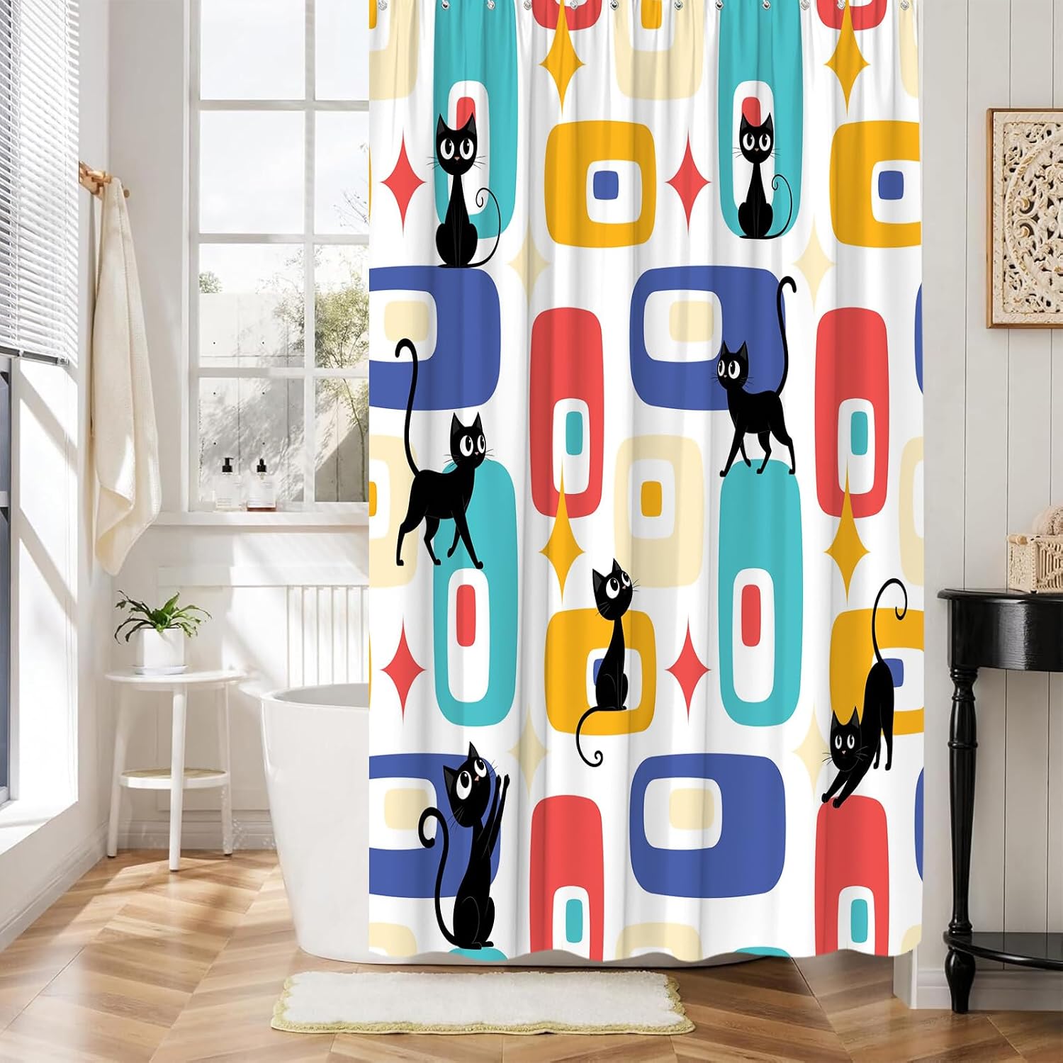 Mid Century Modern Shower Curtain Retro Abstract Black Cat Geometric Star 1950s 1960s Vintage Minimalist Funny Bathroom Decor Curtain with Hooks,