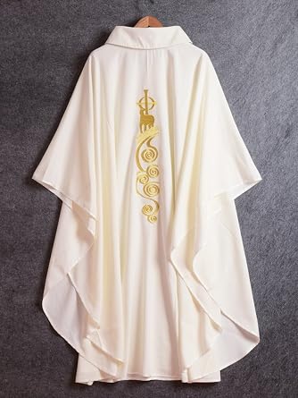 BLESSUME White Catholic Church Pastor Vestments Lamb of God Embroidered Priest Chasuble Robe