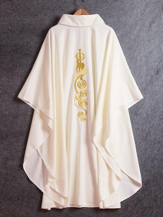 BLESSUME White Catholic Church Pastor Vestments Lamb of God Embroidered Priest Chasuble Robe