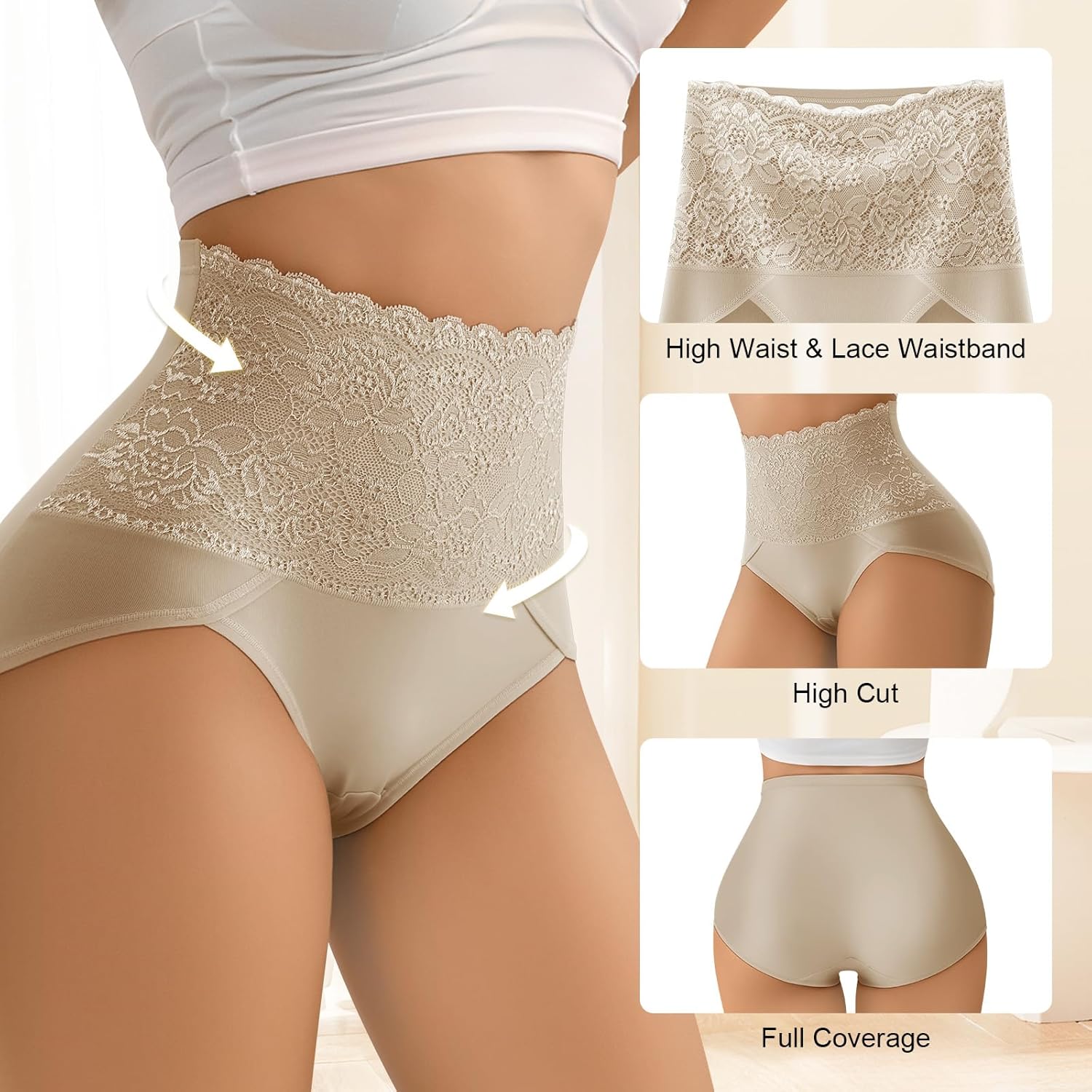 Women Tummy Control Underwear,High Waisted Lace Panties, High Cut Silky Soft Ladies Postpartum Brief Multipack - Image 3