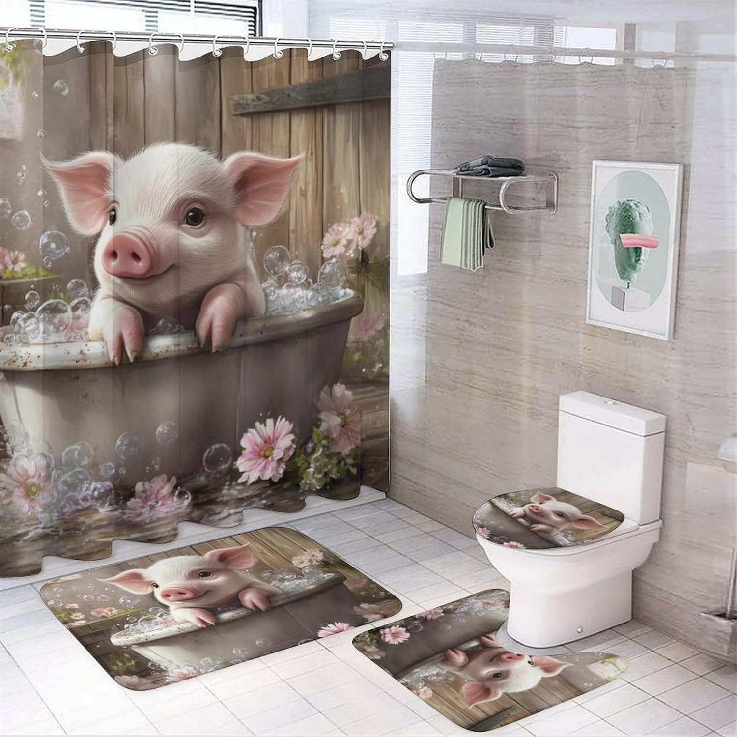 4-Piece Farmhouse Cute Pig Shower Curtain Set, Rustic Bathtub Animal Bathroom Decor Set with Rugs, U Shape Mat, Toilet Cover, Waterproof Shower Curtain Includes 12 Hooks