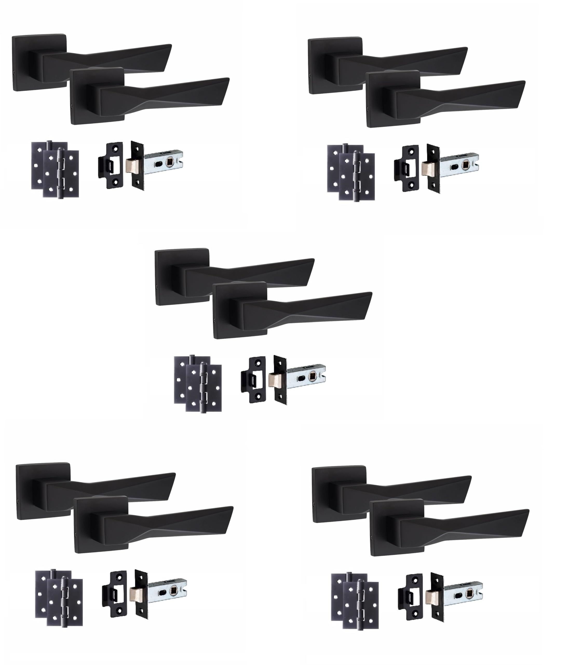 Golden Grace 5 Pair Modern Aura Design Matt Black Premium Door Handles Square Rose 3" Ball Bearing Hinges and 2.5" Tubular Latch