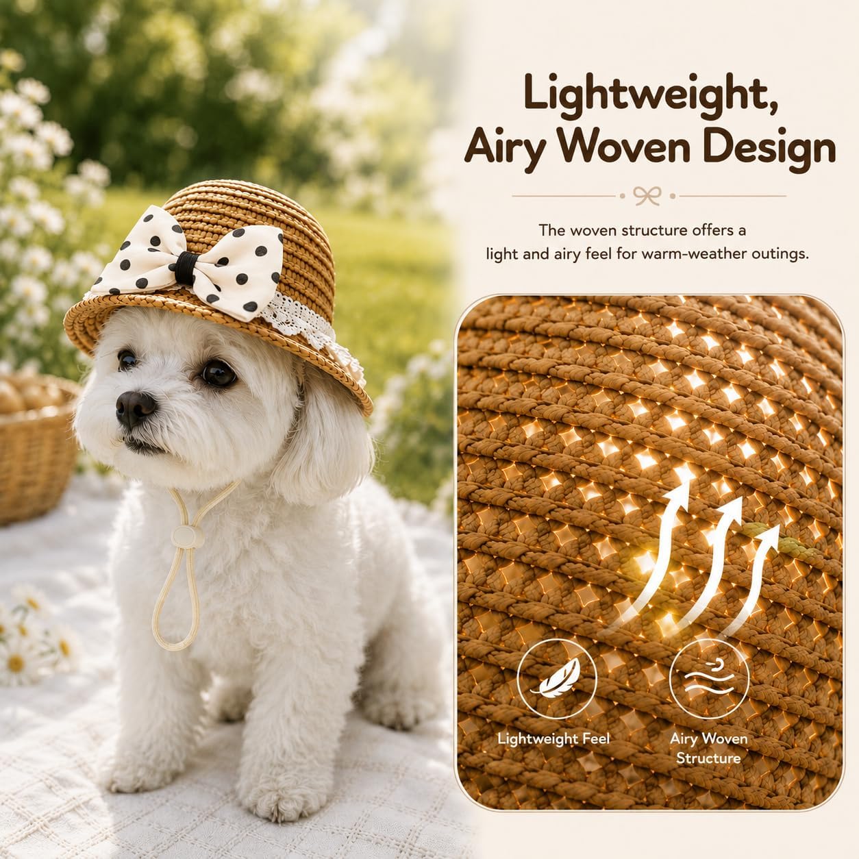 Dog Straw Sun Hat for Small Breeds — Woven Brim with Lace Trim and Fabric Bow, Adjustable Chin Strap (White Dot, Medium)